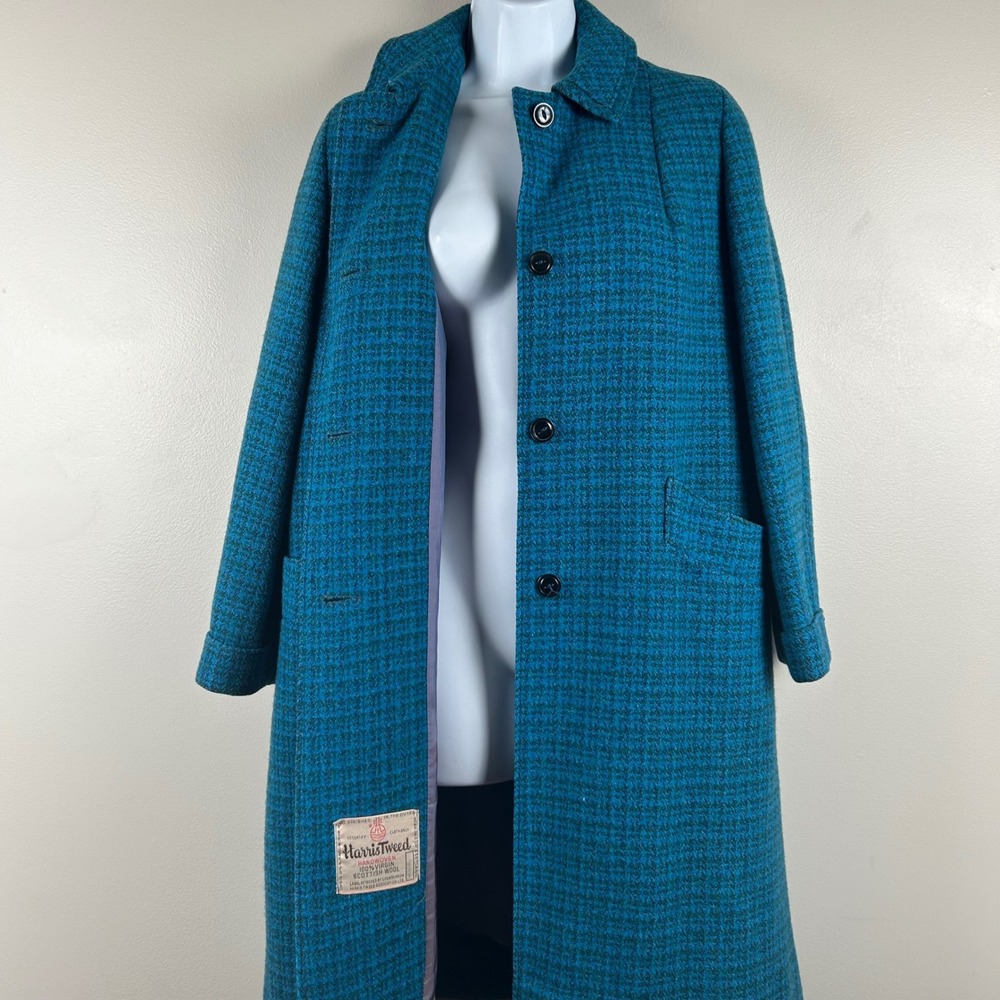 Vintage Harris Tweed Teal Blue Wool Overcoat Handwoven Scottish Wool 60s 70s